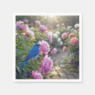 Serviette En Papier Oiseau bleu sur une pivoine rose