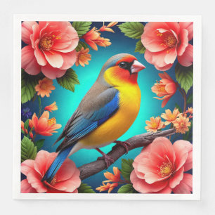 Serviette En Papier Oiseau chanteur perché parmi des fleurs éclatantes