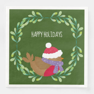 Serviette En Papier Oiseau De Noël Sur Un Papier De Branche Napkin