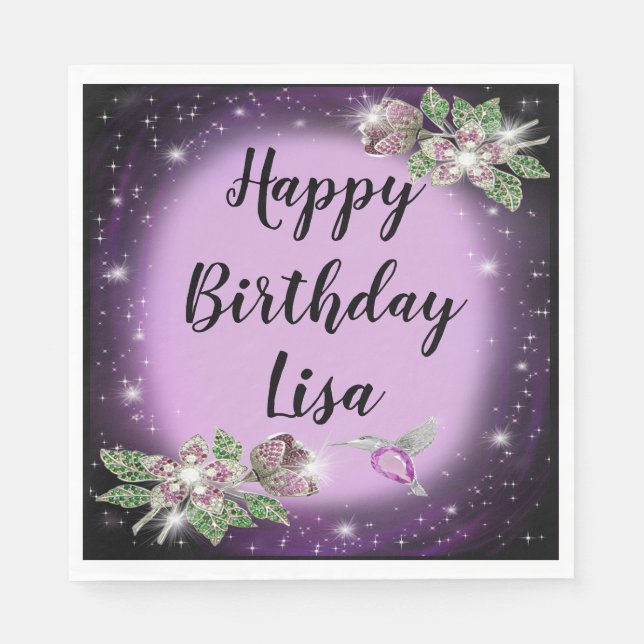 Serviette En Papier Oiseau floral de Bling Violet Anniversaire (Devant)