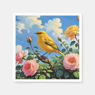 Serviette En Papier Oiseau jaune coloré et jolies roses roses rose