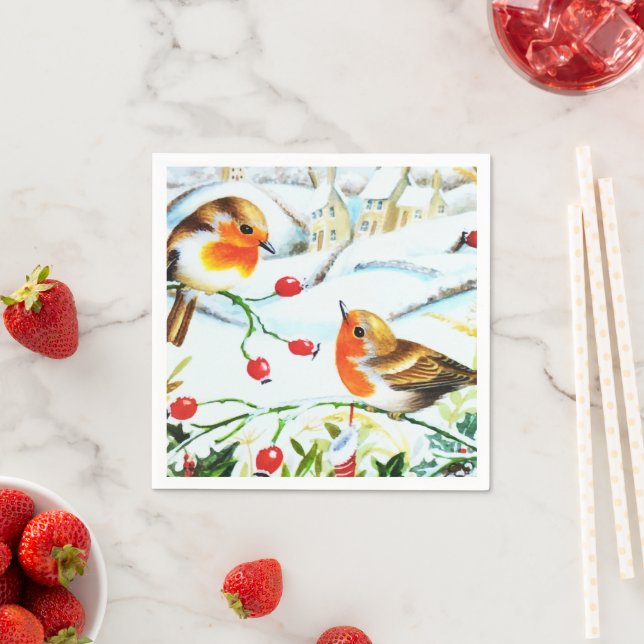 Serviette En Papier Oiseau Robin Couple Winter Holly Noël (En situation)