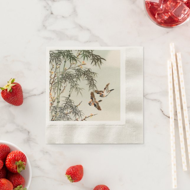Serviette En Papier Oiseaux Bambou Asiatique Japonais Vintage (En situation)
