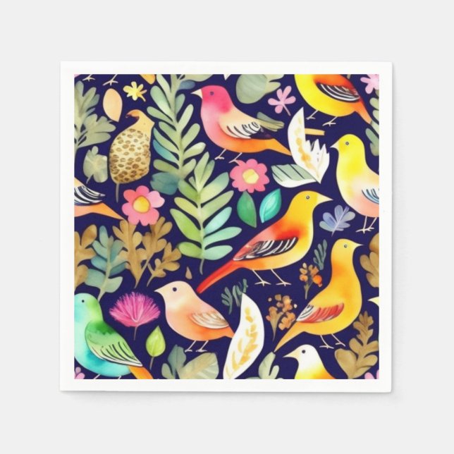 Serviette En Papier Oiseaux colorés motifs floraux décor bleu (Devant)