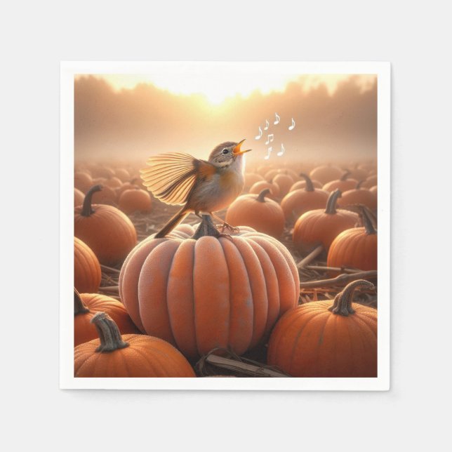 Serviette En Papier Oiseaux d'automne chanter sur un Citrouille (Devant)