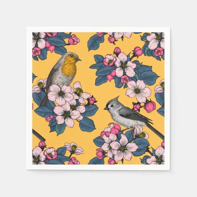 Serviette En Papier Oiseaux et fleurs sur le jaune (Devant)