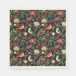 Serviette En Papier Oiseaux Festifs Élégants & Fleurs de Noël Rouge
