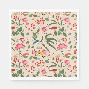 Serviette En Papier Oiseaux floraux dessinés à la main Abeilles Motif 