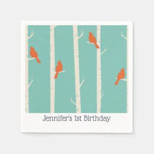 Serviette En Papier Oiseaux oranges rétro sur les bouleaux Anniversair