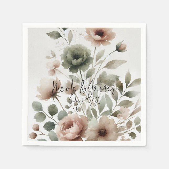 Serviette En Papier Olive et Mariage floral rose pâle (Devant)