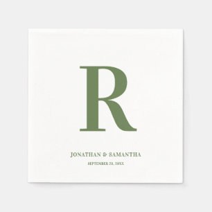Serviette En Papier Olive Vert et blanc Mariage Monogramme Moderne