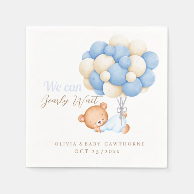 Serviette En Papier On peut attendre Teddy Balloon Baby Boy Douche (Devant)