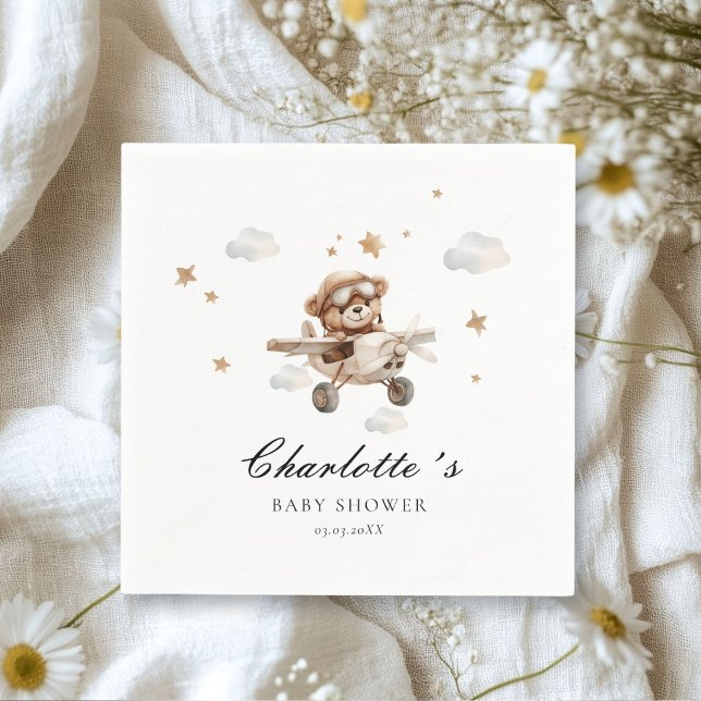 Serviette En Papier On peut attendre! Teddy Bear & Avion (We Can Bearly Wait! Teddy Bear & Airplane White Napkins. Personalized with your name & date.)