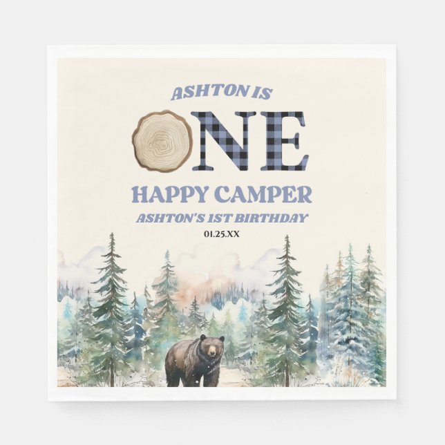 Serviette En Papier ONE Happy Camper Bear Bleu 1er anniversaire fête (Devant)