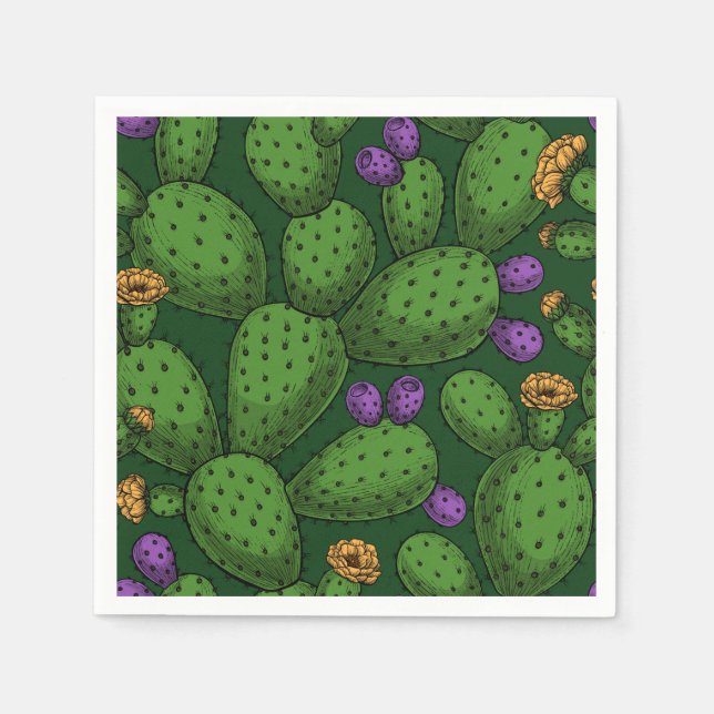 Serviette En Papier Opuntie de floraison sur vert foncé (Devant)