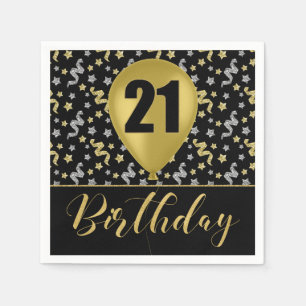 Serviette En Papier Or 21 Anniversaire en or et argent sur noir