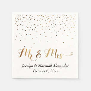 Serviette En Papier Or et Blanc Mr & Mrs Cœur Script Confettis