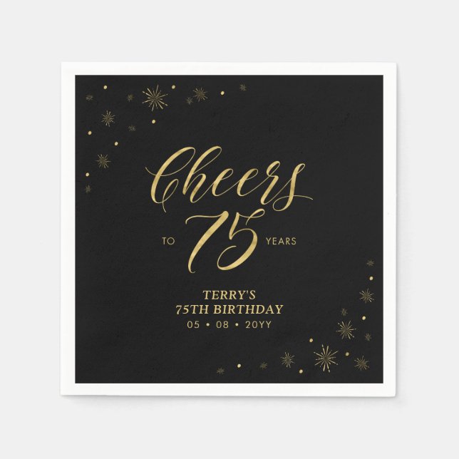 Serviette En Papier Or et noir | Modern Cheers 75th Birthday Party (Devant)