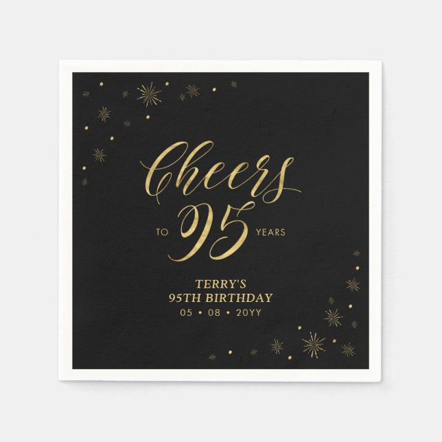 Serviette En Papier Or et noir | Modern Cheers 95th Birthday Party (Devant)