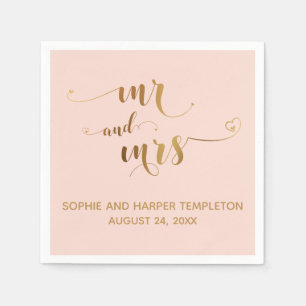 Serviette En Papier Or et rose blush Mr et Mrs coeurs calligraphie
