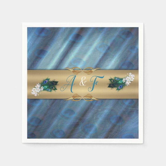 Serviette En Papier Or, Plumes de Paon sur Soie Vert Emeraude (Devant)