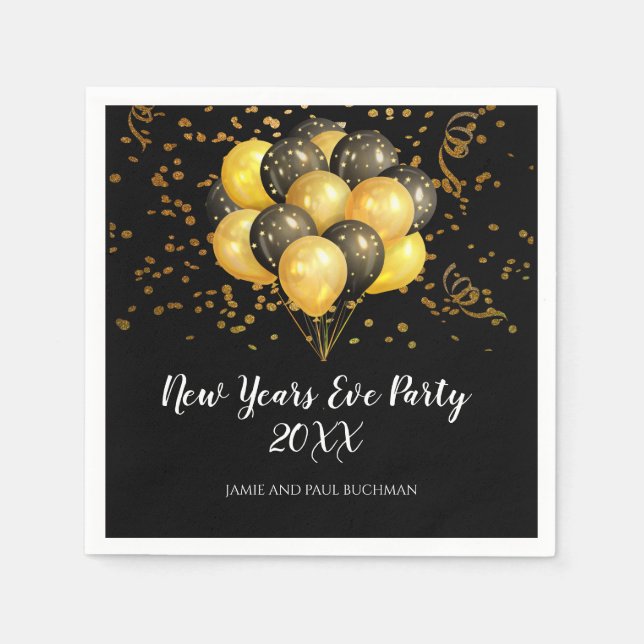Serviette En Papier Or Sur Ballons Noirs Et Confetti Nouvel An Réveill (Devant)
