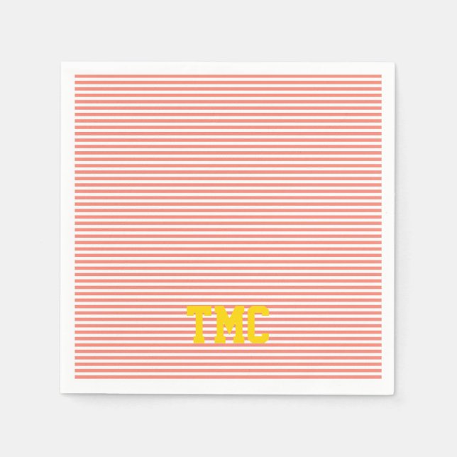Serviette En Papier orange blanc bande monogramme initiales preppy (Devant)