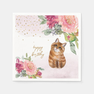 Serviette En Papier Orange Cat Illustration Joyeux Anniversaire Fille