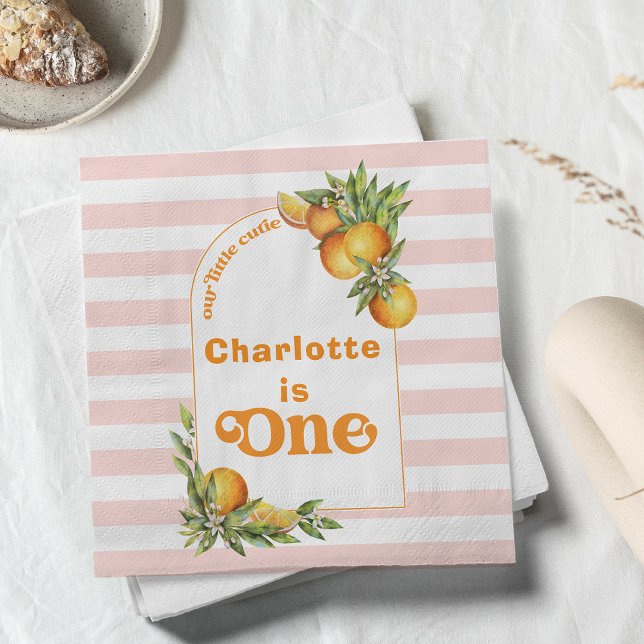 Serviette En Papier Orange Citrus Little Cutie 1er Anniversaire Papier (Editable Our Little Cutie Birthday Paper Napkin Girls Clementine Oranges Birthday Party Arch Napkin)