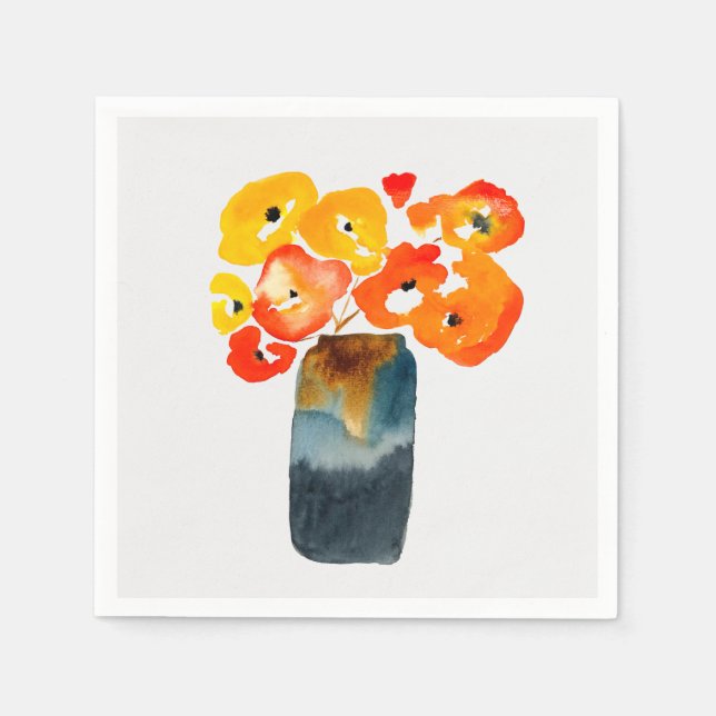 Serviette En Papier Orange fleurs de pavot aquarelle (Devant)