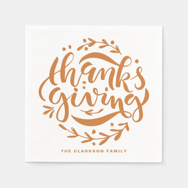 Serviette En Papier Orange Lettré Main Thanksgiving Wreath (Devant)