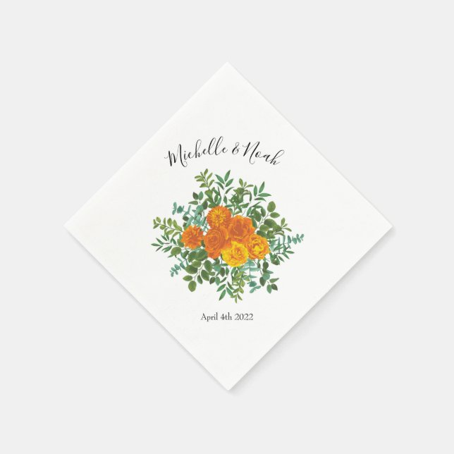 Serviette En Papier Orange Rose Mariage Floral Moderne (Coin)