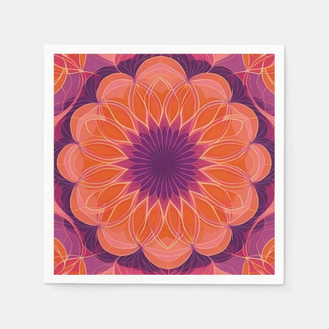Serviette En Papier Orange vibre avec kaléidoscope à fleurs violettes (Devant)