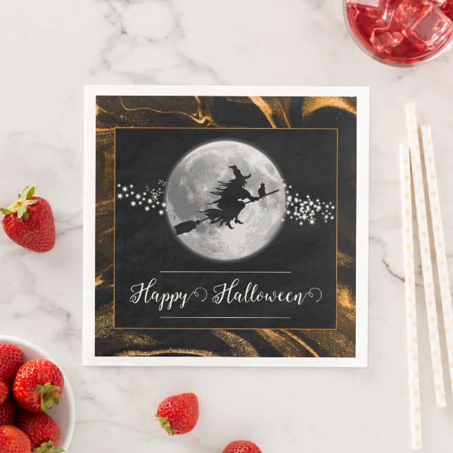 Serviette En Papier Orange Witch Silhouette Halloween (En situation)