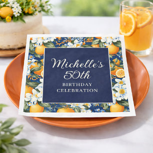 Serviette En Papier Oranges Fleurs Blanches Bleu Marine Anniversaire B