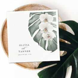Serviette En Papier Orchidées blanches sur Monstera Mariage tropical