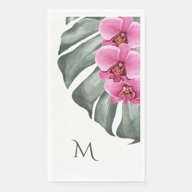 Serviette En Papier Orchidées roses chaudes tropicales avec Monogramme (Devant)