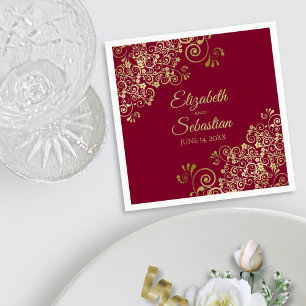 Serviette En Papier Ornate Gold Curls Élégant Mariage Bourgogne