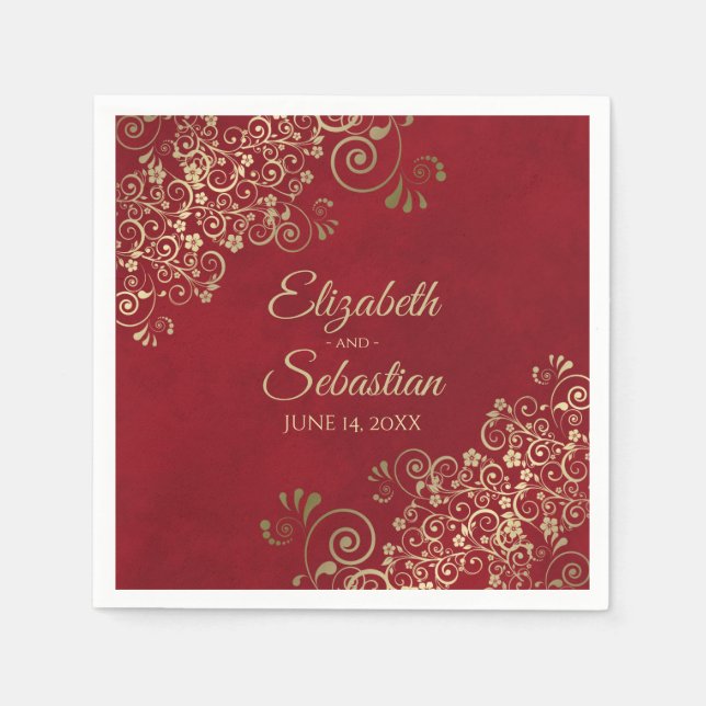 Serviette En Papier Ornate Gold Filigree Élégant Mariage rouge marbré (Devant)