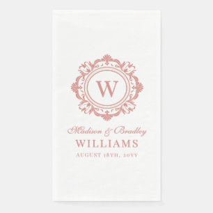 Serviette En Papier Orné Floral Monogramme Mariage Élégant Rose Or
