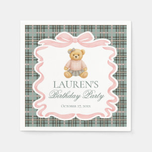 Serviette En Papier Ours à nœud papillon rose Coquette Tartan Plaid An