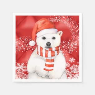 Serviette En Papier ours blanc dans un casquette de père Noël - blan