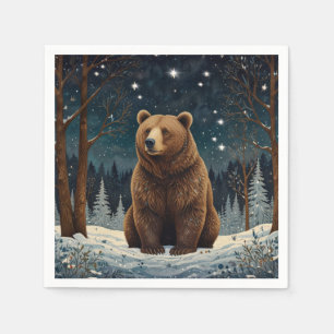 Serviette En Papier Ours brun rétro paysage d'hiver de minuit