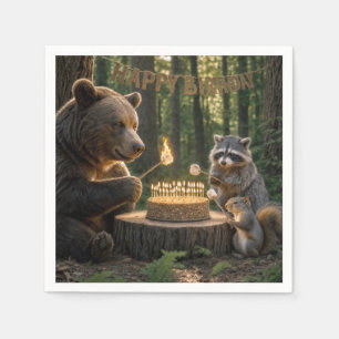 Serviette En Papier Ours d'anniversaire faisant rôtir des guimauves su