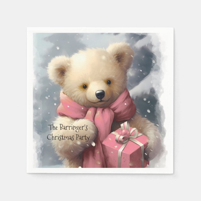 Serviette En Papier Ours de Noël rose (Devant)