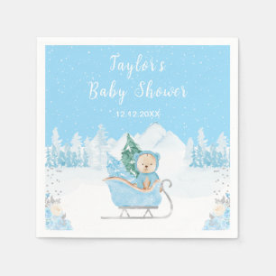 Serviette En Papier Ours d'hiver bleu Baby Shower traîneau