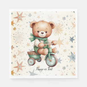 Serviette En Papier Ours en aquarelle étoiles vélo vert fête