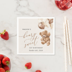 Serviette En Papier Ours En Joue, Ballons Brown, Premier Anniversaire