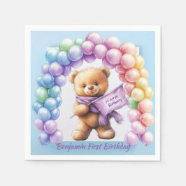 Serviette En Papier Ours en peluche 1er anniversaire Ballons colorés