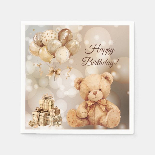 Serviette En Papier Ours en Teddy Balloon beige Anniversaire (Devant)